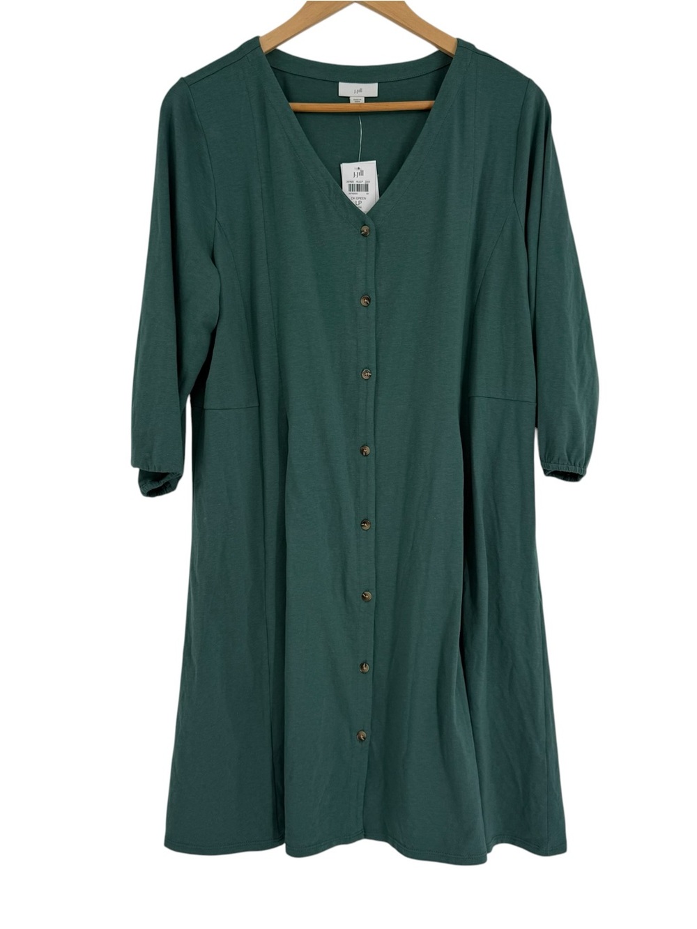 J Jill Sage Green Button Front Dress Size LP Modest V-neck Jersey Knit NWT